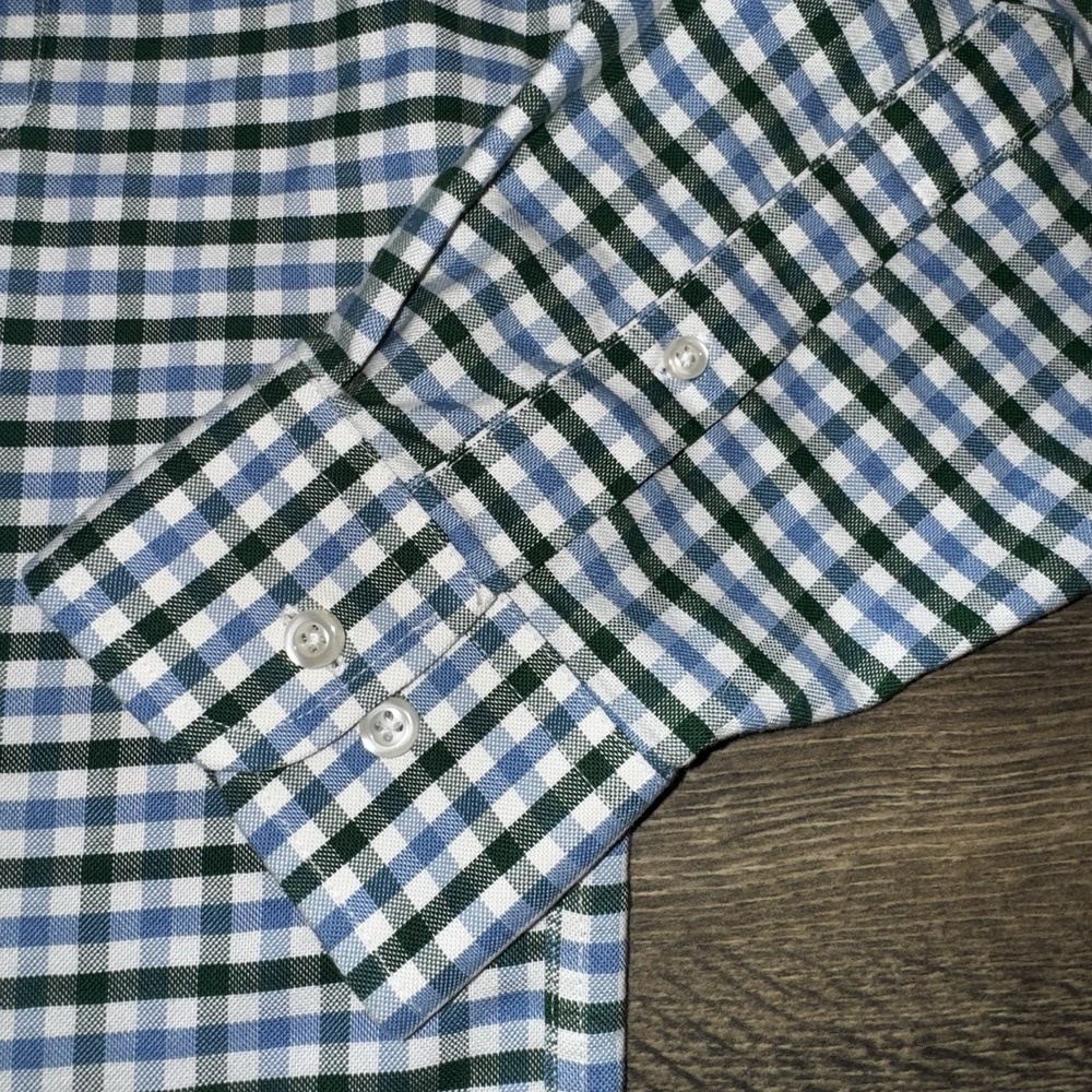 Stafford Mens 2XL Oxford Dress Shirt Button Up Cotton Green Blue Gingham Plaid - Picture 8 of 16